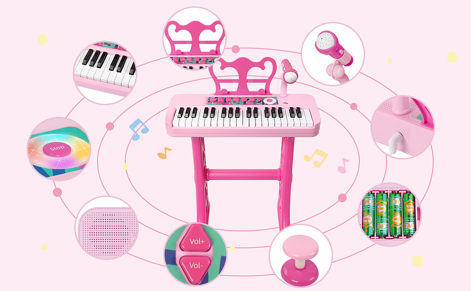 Piano musical rosa niños pequeños con micrófono y taburete 7