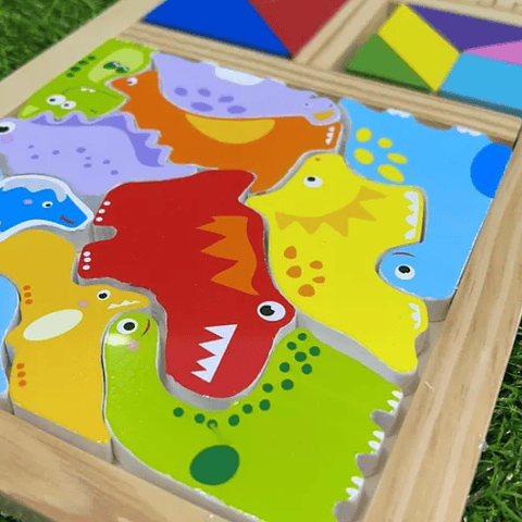 Tangram De Madera 3 En 1 Dinosaurios Puzzle Tabla 