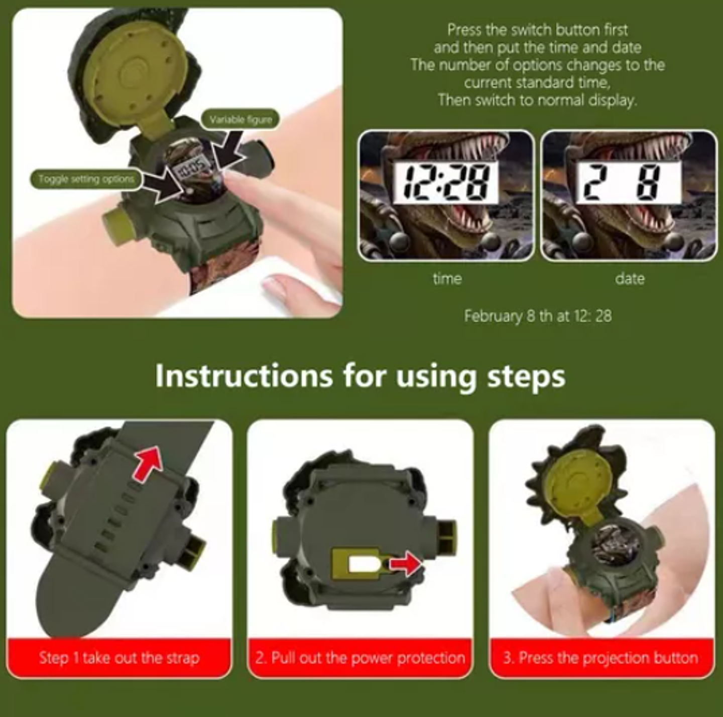 Juguete Electrónico De Reloj De Proyección Dino 24 Patrones 5