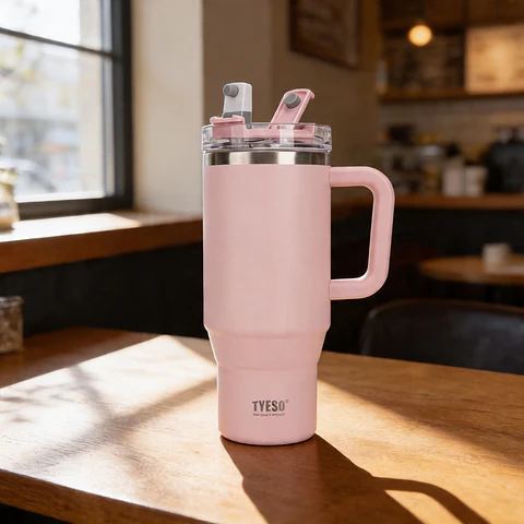 VASO TÉRMICO TYESO TUMBLER - EDICIÓN PASTEL PINK CON ASA ERGONÓMICA
