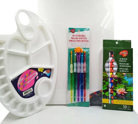 Set Pintor Lienzo Paleta Pinceles Pinturas Acrílicas Arte
