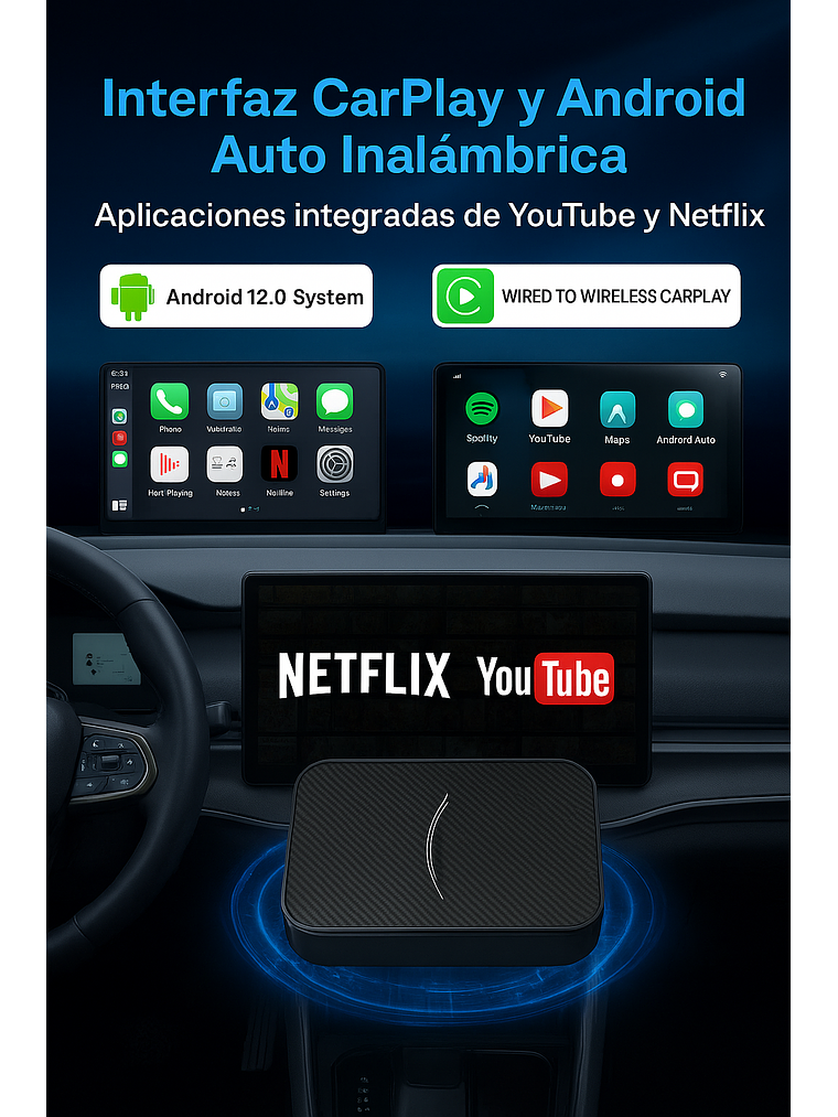 Adaptador inalámbrico CarPlay Android Auto +YouTube y Netflix  6