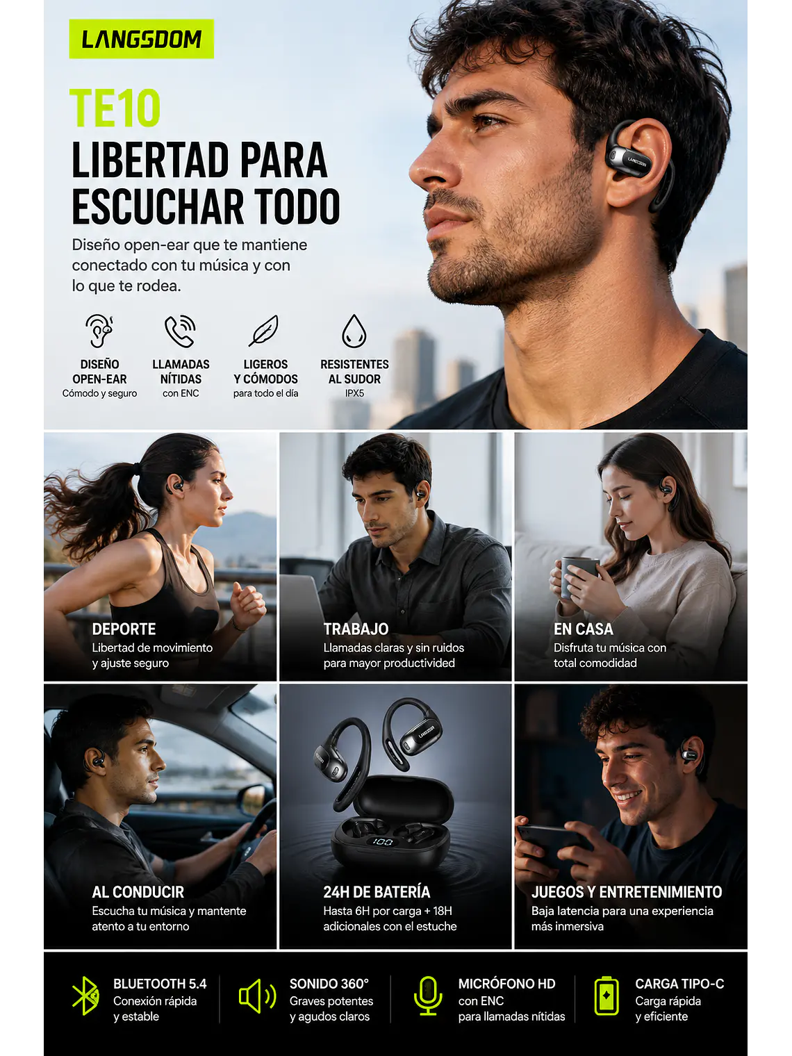 Audífonos Open Ear Bluetooth 5.4 Deportivos TE10 3