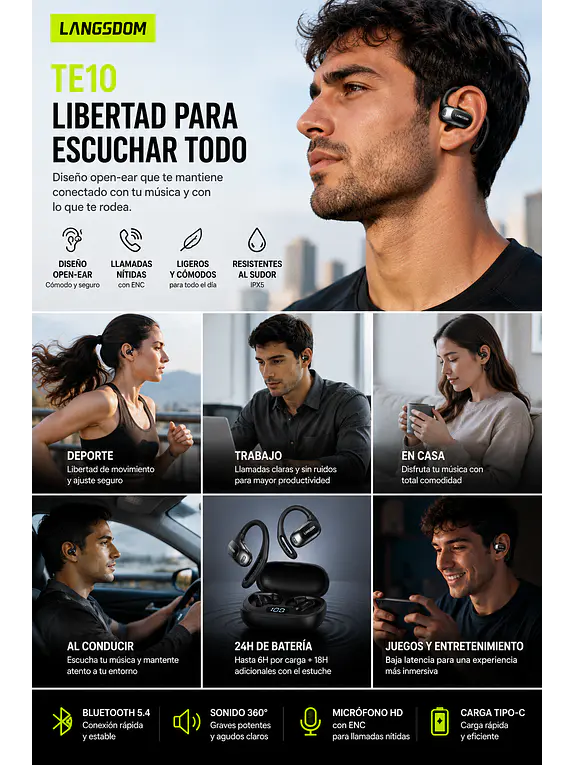 Audífonos Open Ear Bluetooth 5.4 Deportivos TE10 3