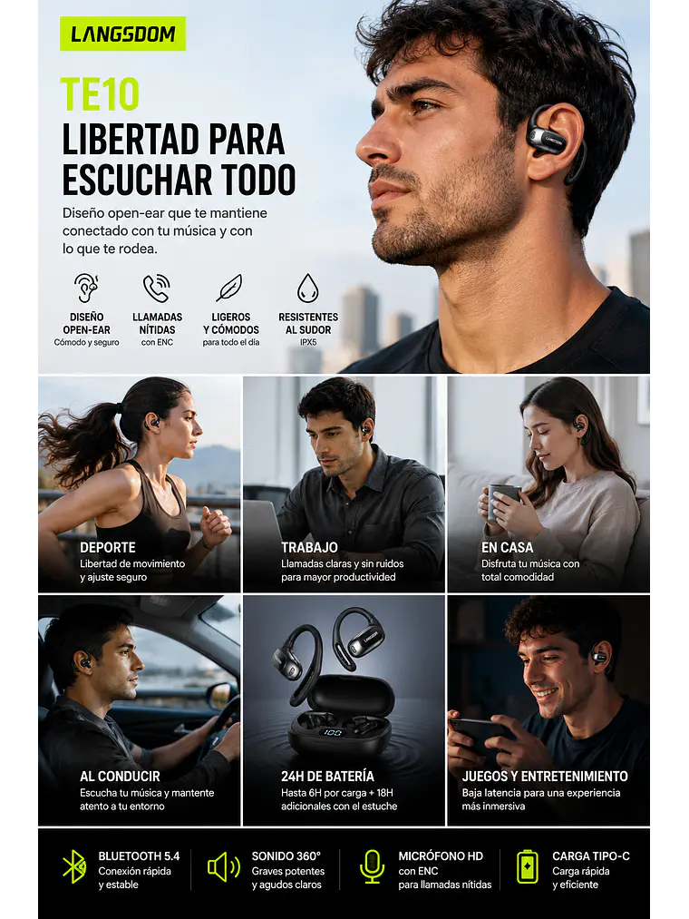 Audífonos Open Ear Bluetooth 5.4 Deportivos TE10 3
