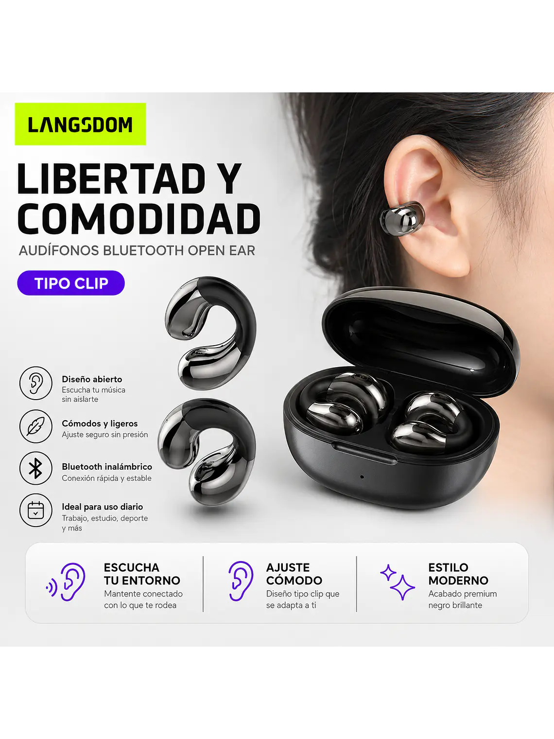 Audífonos Open Ear Clip Bluetooth TS22 Inalámbricos 5