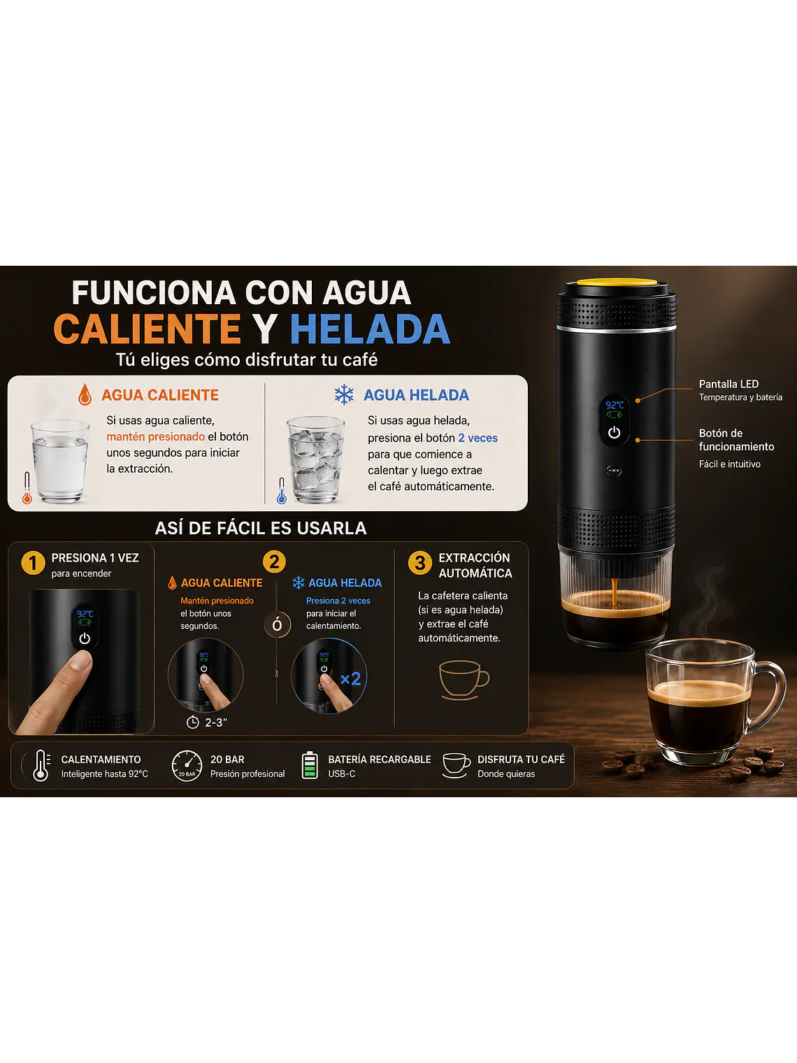 Cafetera Espresso Portátil 3 en 1 Recargable USB-C 20 Bar 5