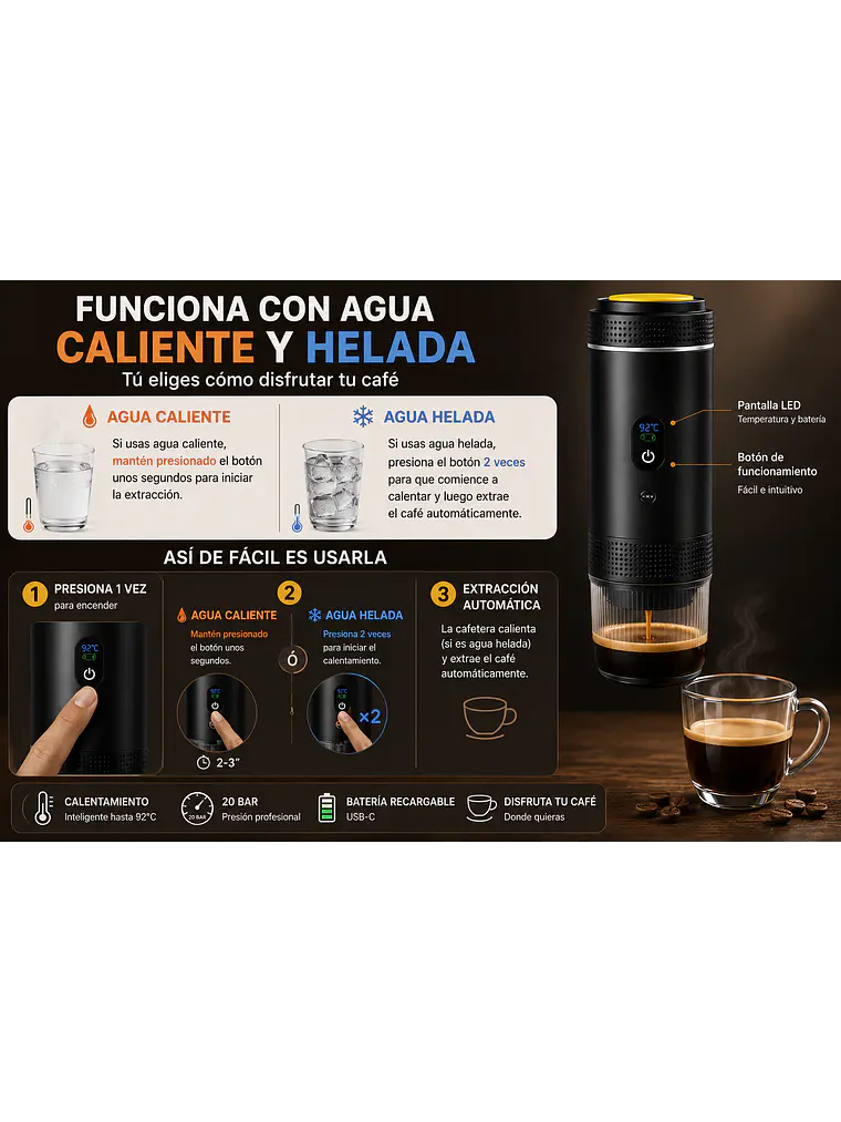 Cafetera Espresso Portátil 3 en 1 Recargable USB-C 20 Bar 5
