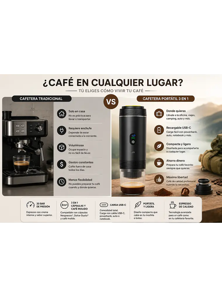 Cafetera Espresso Portátil 3 en 1 Recargable USB-C 20 Bar 3