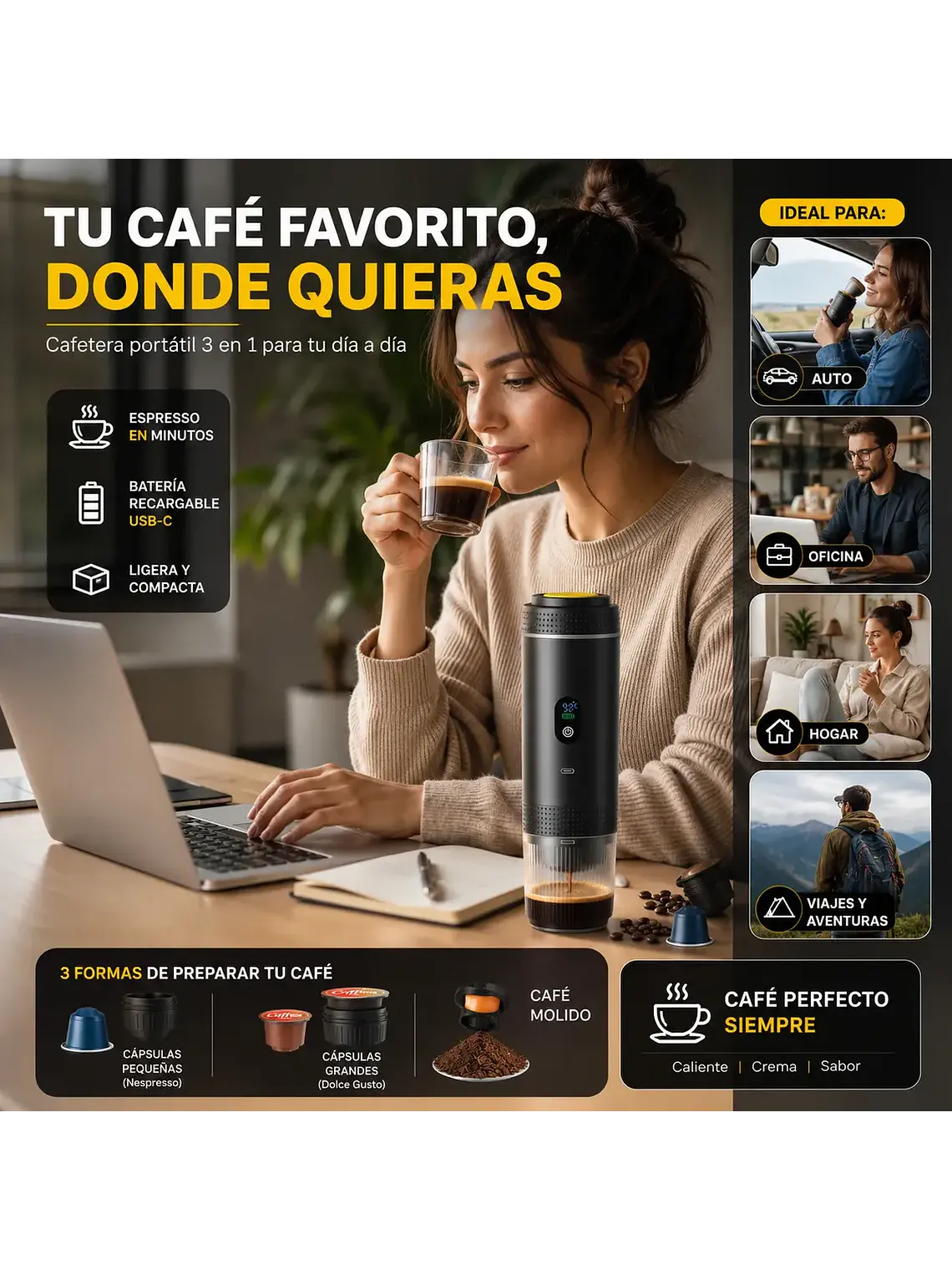 Cafetera Espresso Portátil 3 en 1 Recargable USB-C 20 Bar 2