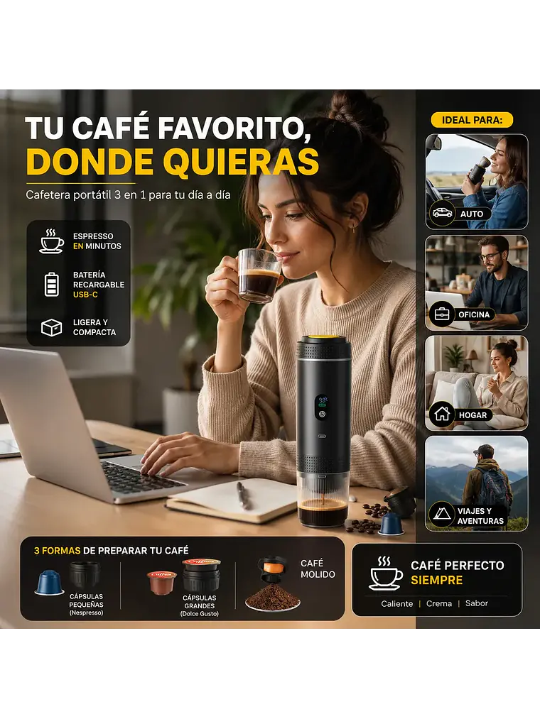 Cafetera Espresso Portátil 3 en 1 Recargable USB-C 20 Bar 2