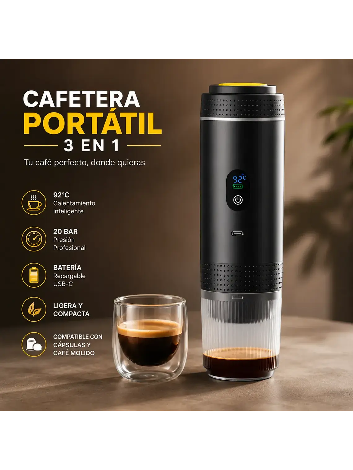 Cafetera Espresso Portátil 3 en 1 Recargable USB-C 20 Bar 8