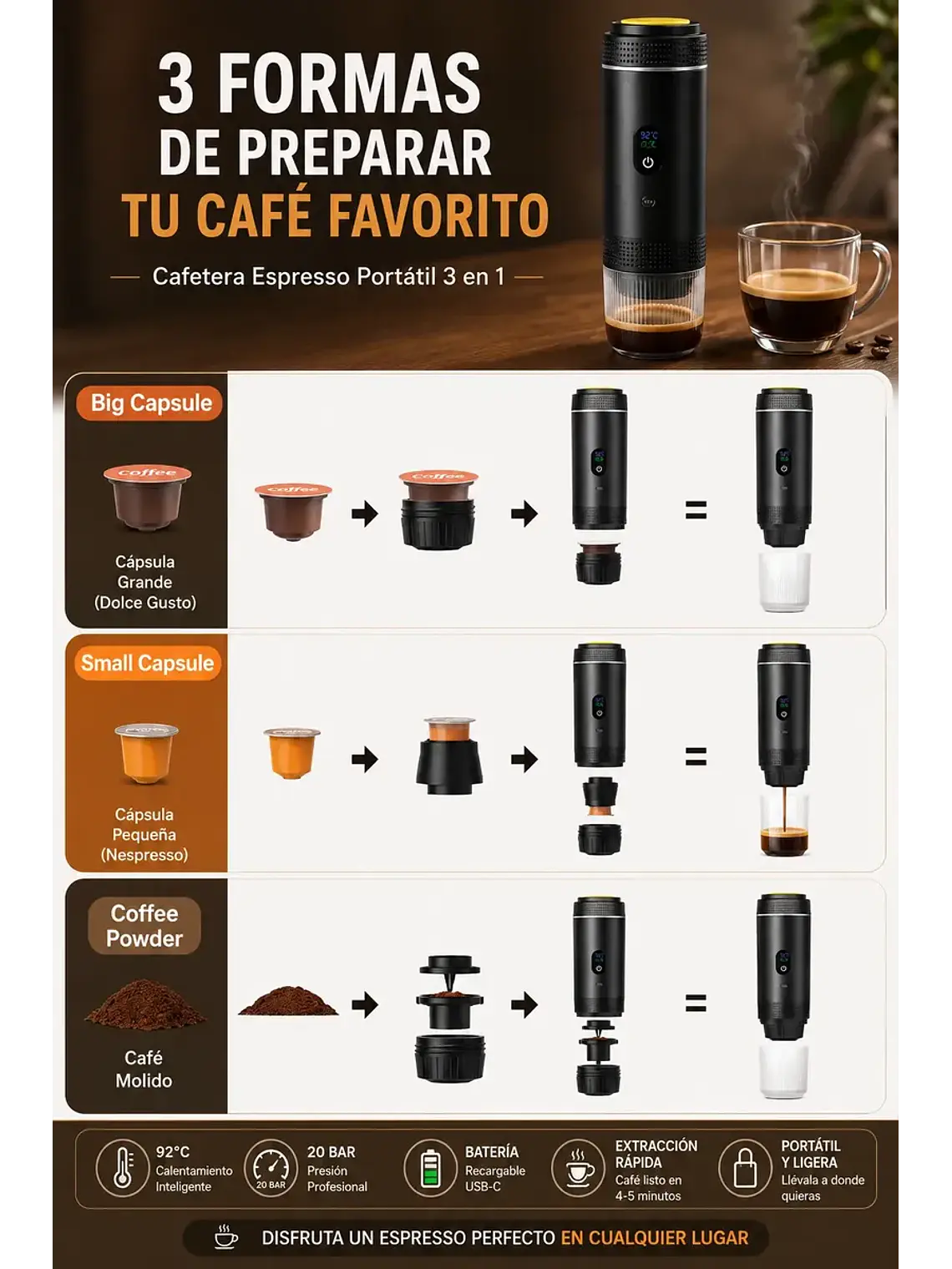 Cafetera Espresso Portátil 3 en 1 Recargable USB-C 20 Bar 4