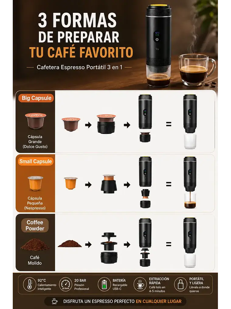 Cafetera Espresso Portátil 3 en 1 Recargable USB-C 20 Bar 4