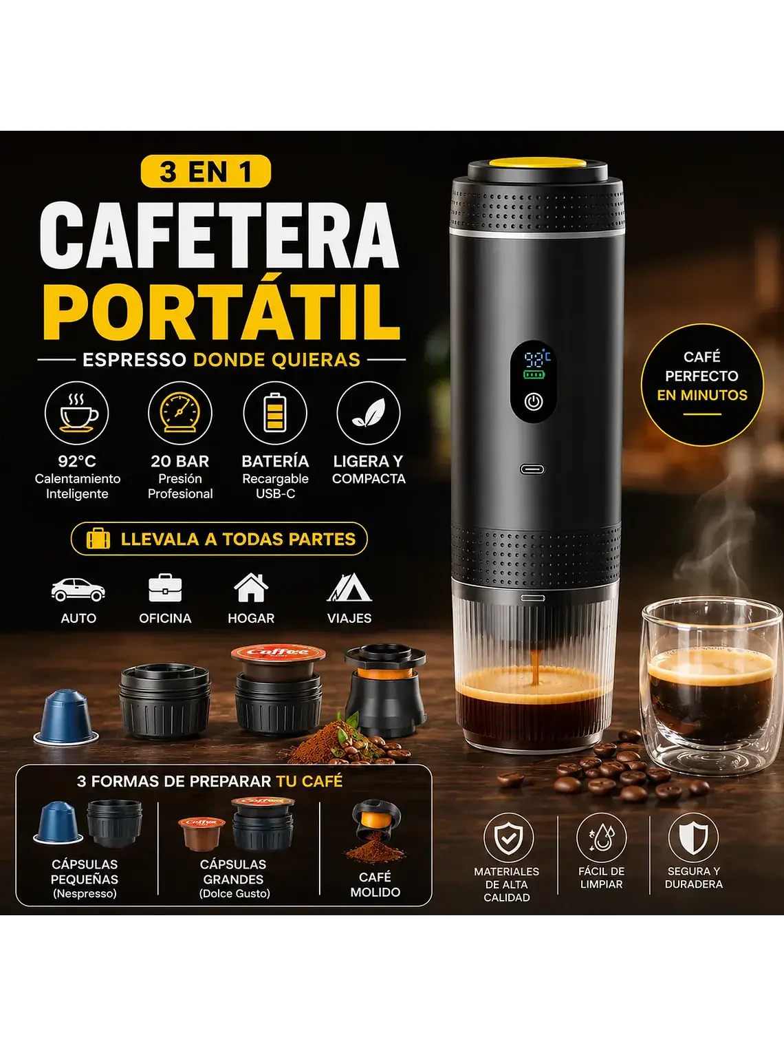 Cafetera Espresso Portátil 3 en 1 Recargable USB-C 20 Bar 6