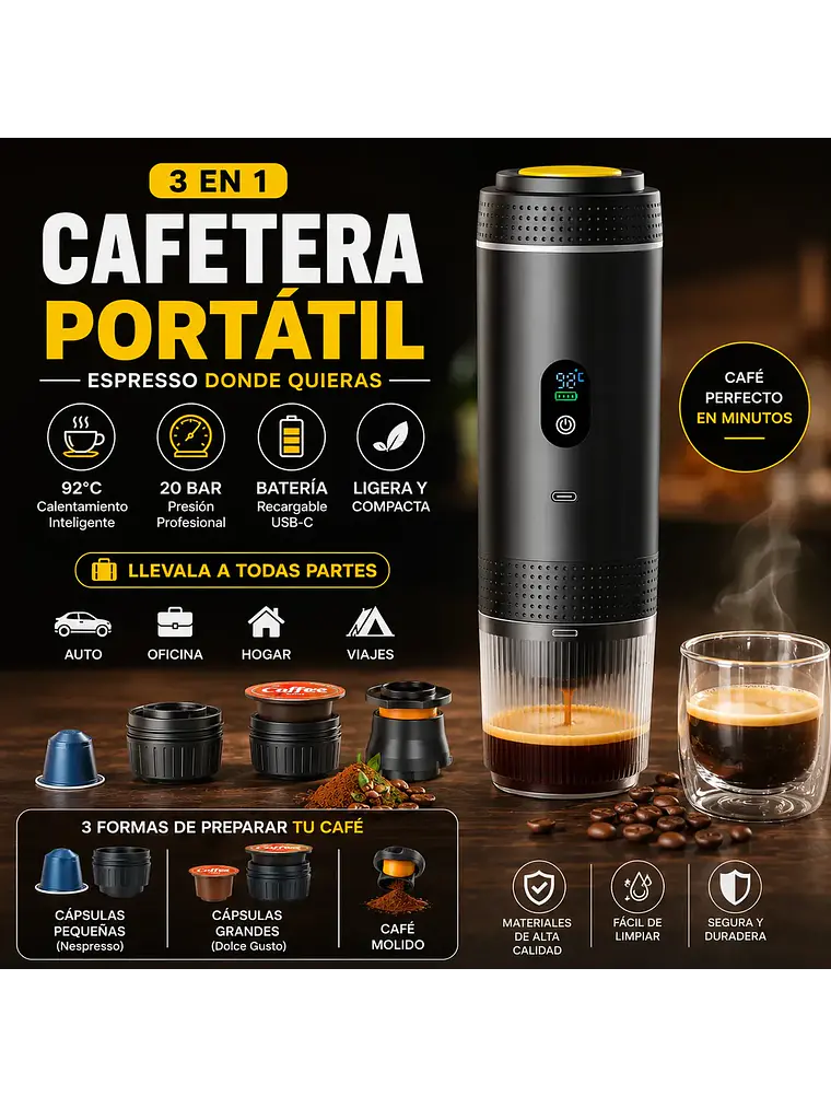 Cafetera Espresso Portátil 3 en 1 Recargable USB-C 20 Bar 6