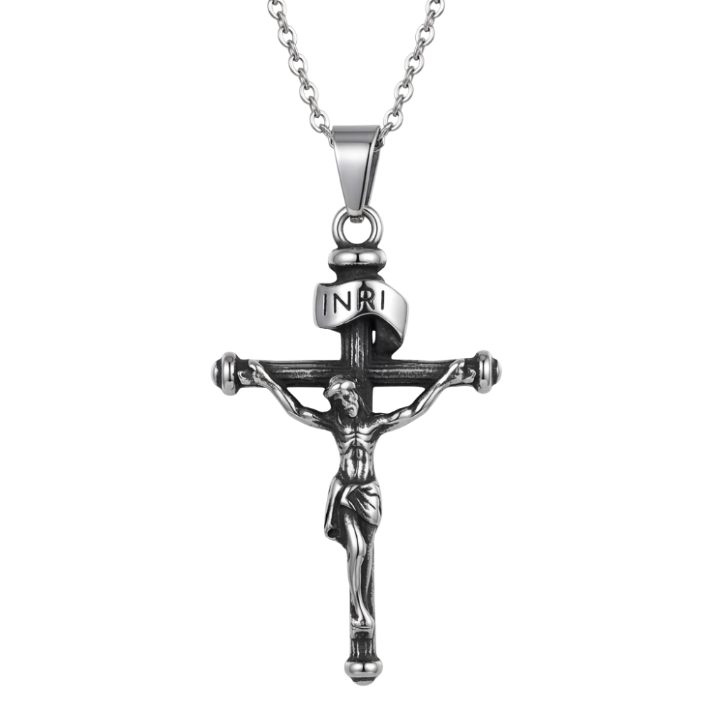 Collar Crucifico Cristiano Macizo Acero Plateado