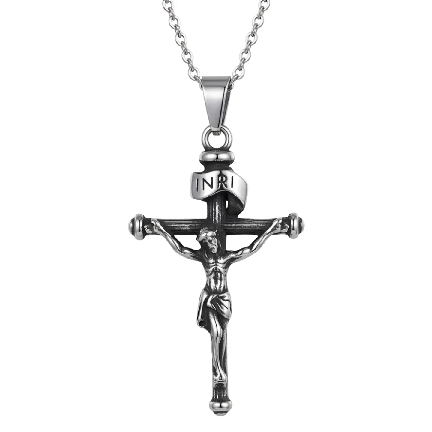 Collar Crucifico Cristiano Macizo Acero Plateado 1