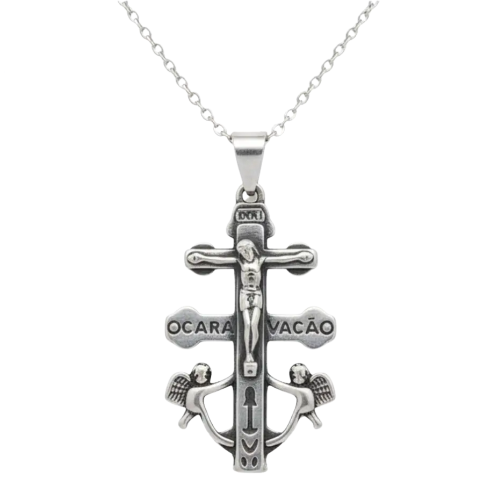 Cruz De Caravaca Collar Colgante Acero Macizo Plateado