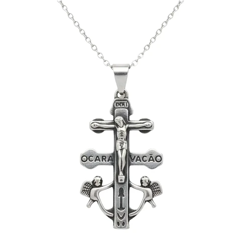 Cruz De Caravaca Collar Colgante Acero Macizo Plateado