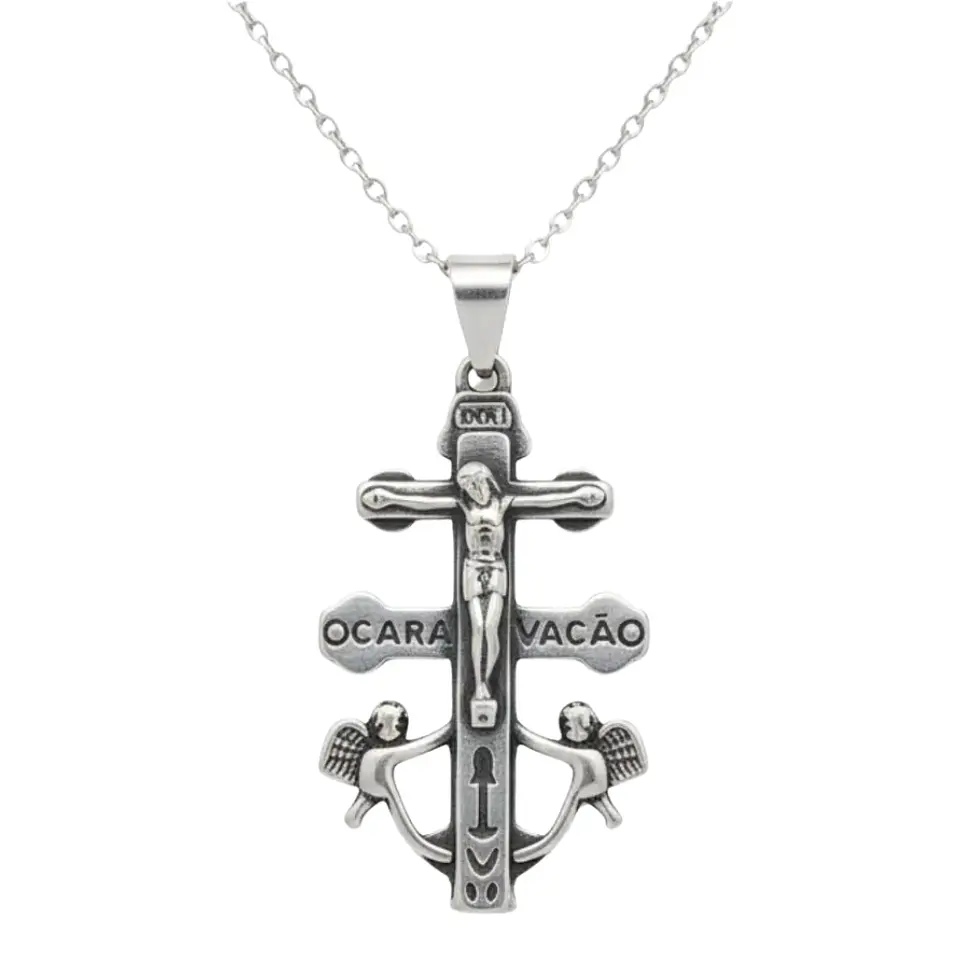 Cruz De Caravaca Collar Colgante Acero Macizo Plateado 1
