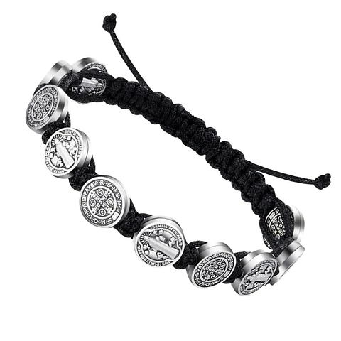 Negro - 2 Pulseras Unisex San Benito 10 Medallas