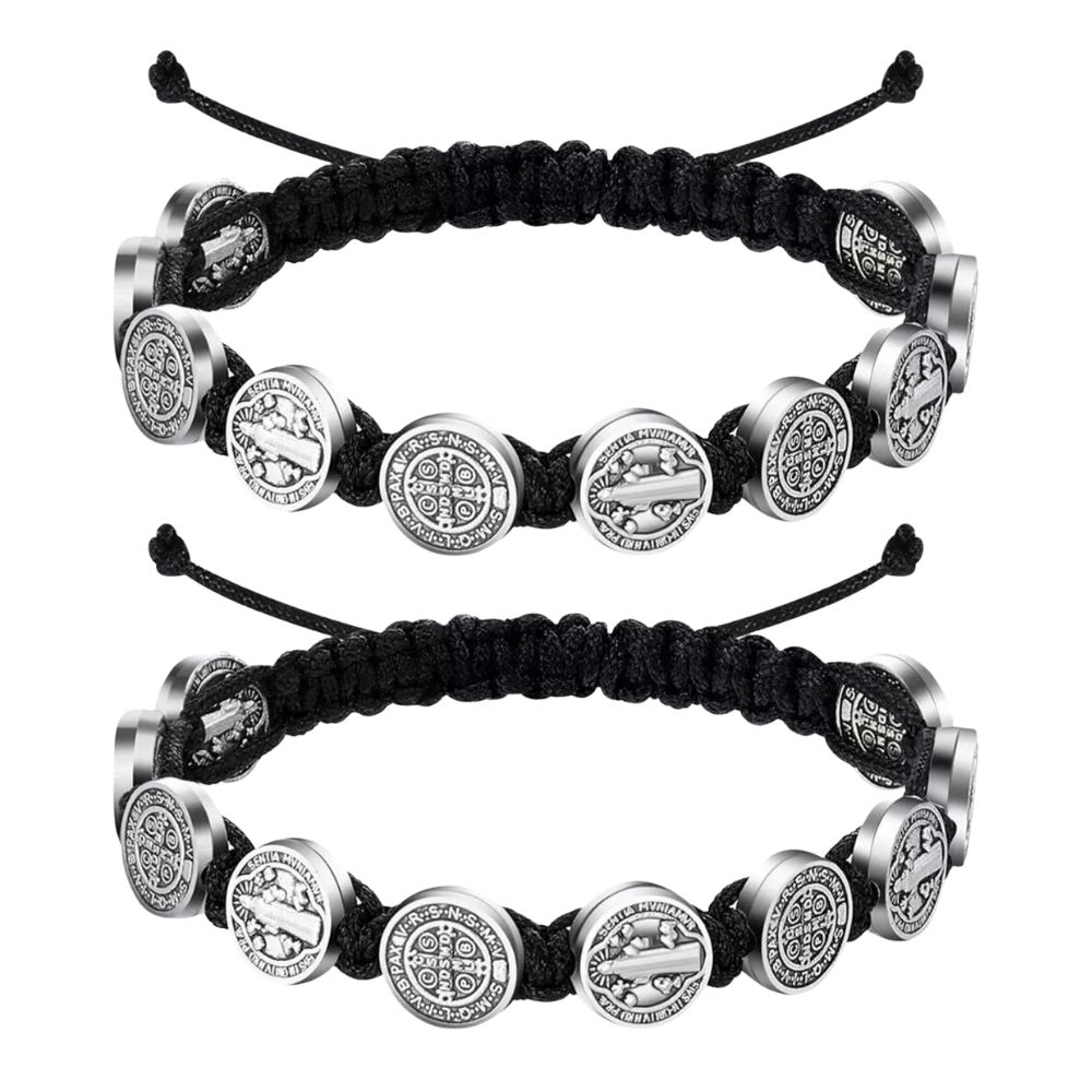 Negro - 2 Pulseras Unisex San Benito 10 Medallas