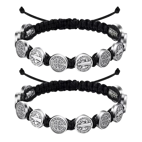 Negro - 2 Pulseras Unisex San Benito 10 Medallas