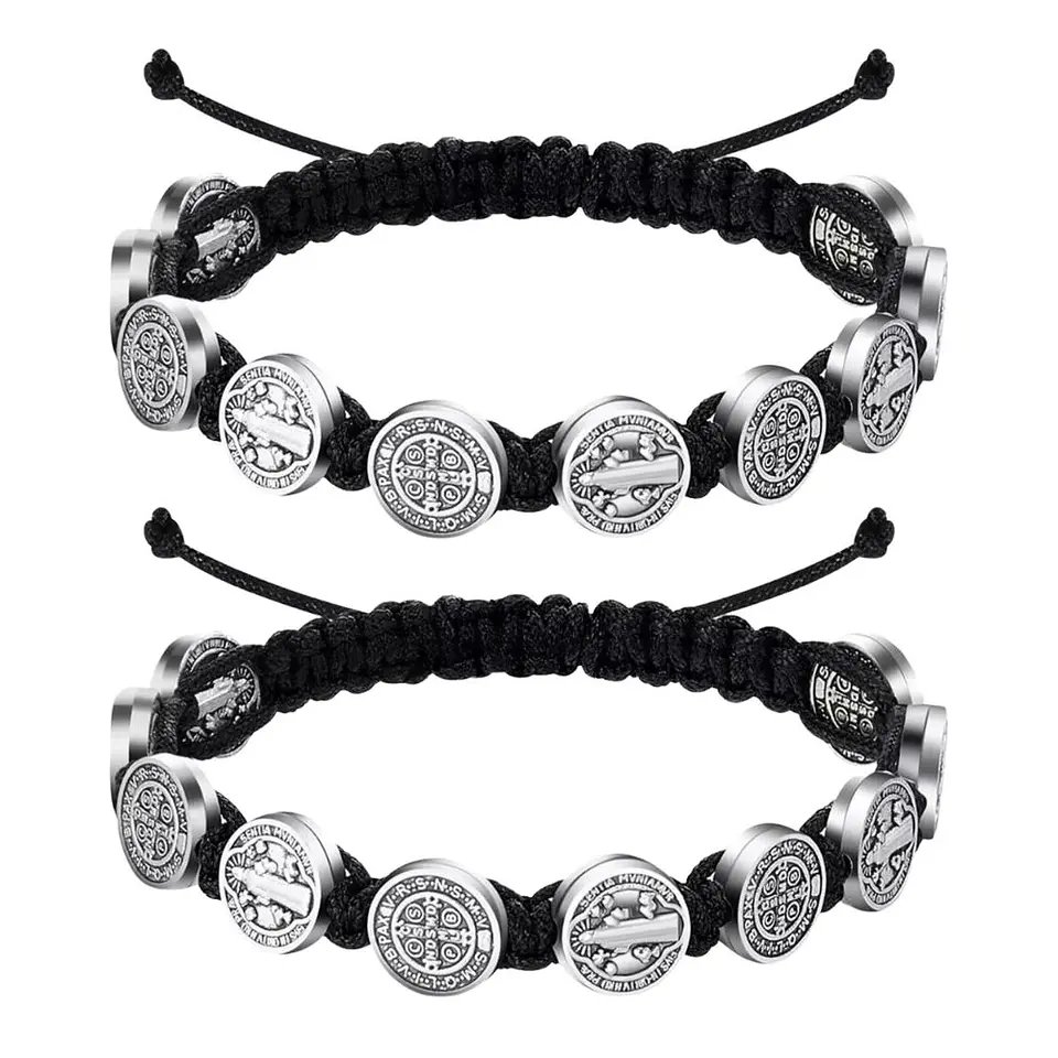 Negro - 2 Pulseras Unisex San Benito 10 Medallas 1