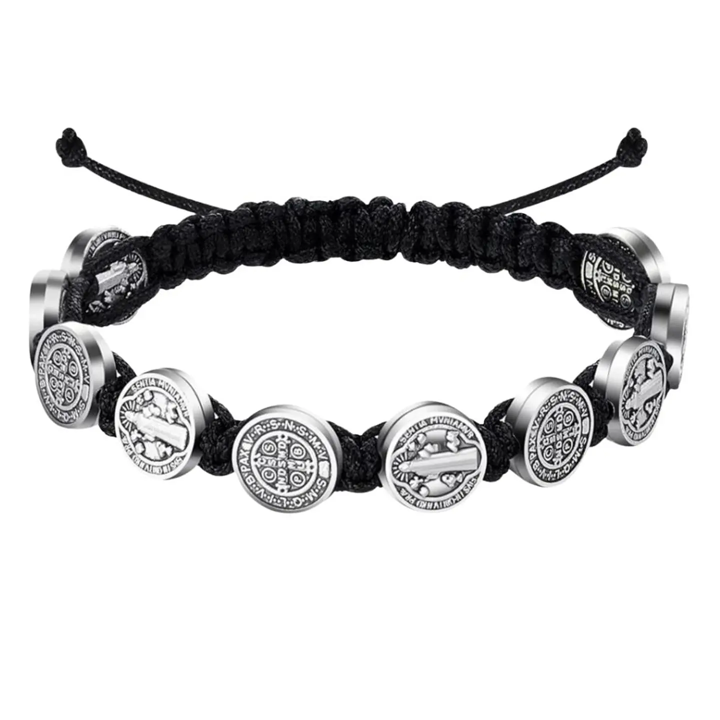 Negro - 2 Pulseras Unisex San Benito 10 Medallas 3