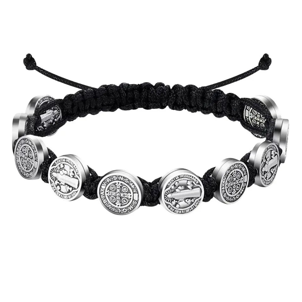 Negro - 2 Pulseras Unisex San Benito 10 Medallas 3
