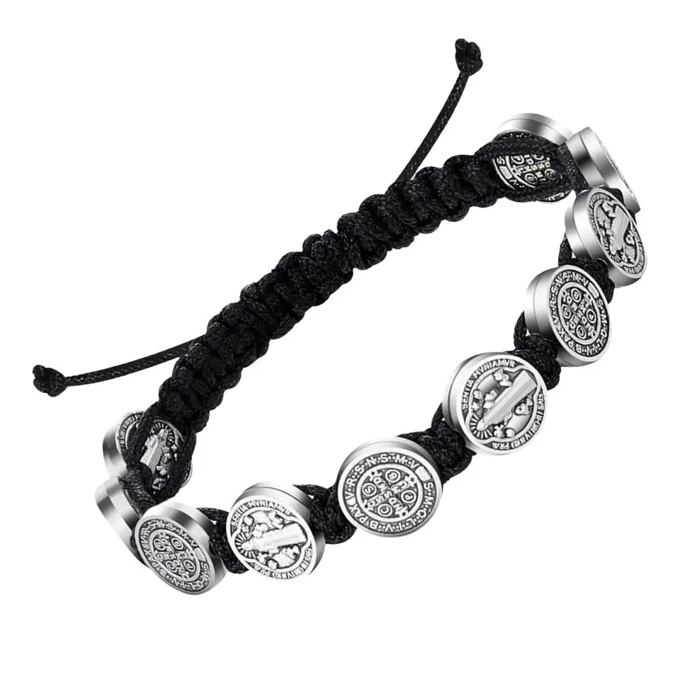 Negro - 2 Pulseras Unisex San Benito 10 Medallas 4