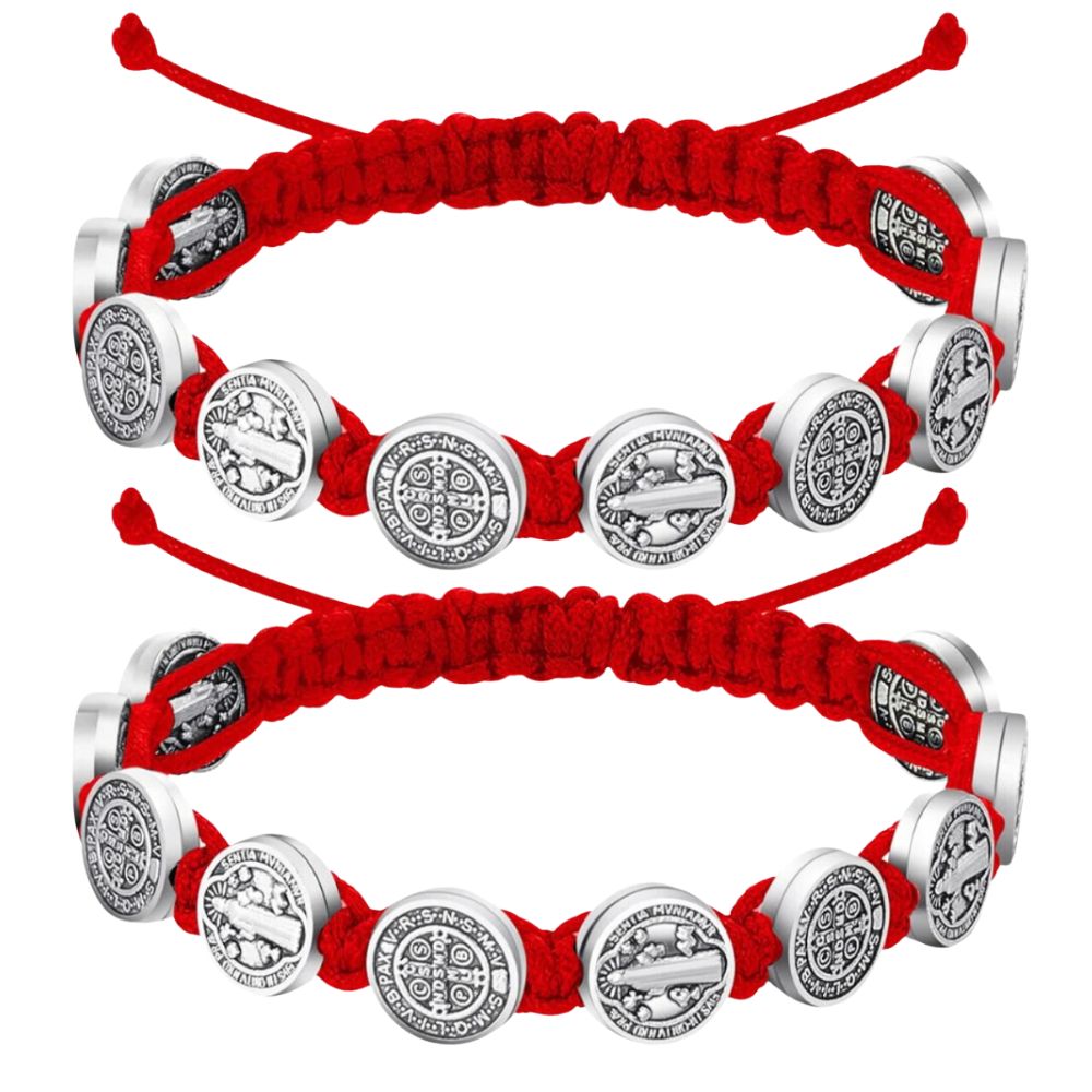 Rojo - 2 Pulseras Unisex San Benito 10 Medallas