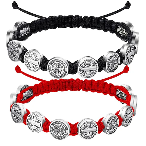 Rojo + Negro - 2 Pulseras Unisex San Benito 10 Medallas