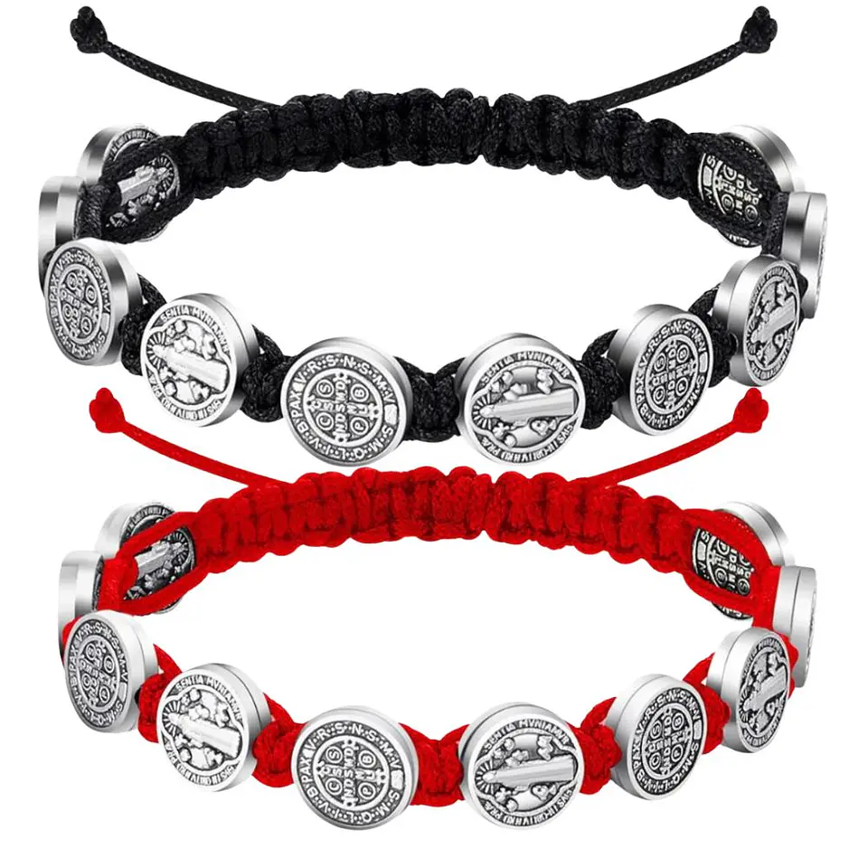Rojo + Negro - 2 Pulseras Unisex San Benito 10 Medallas 2