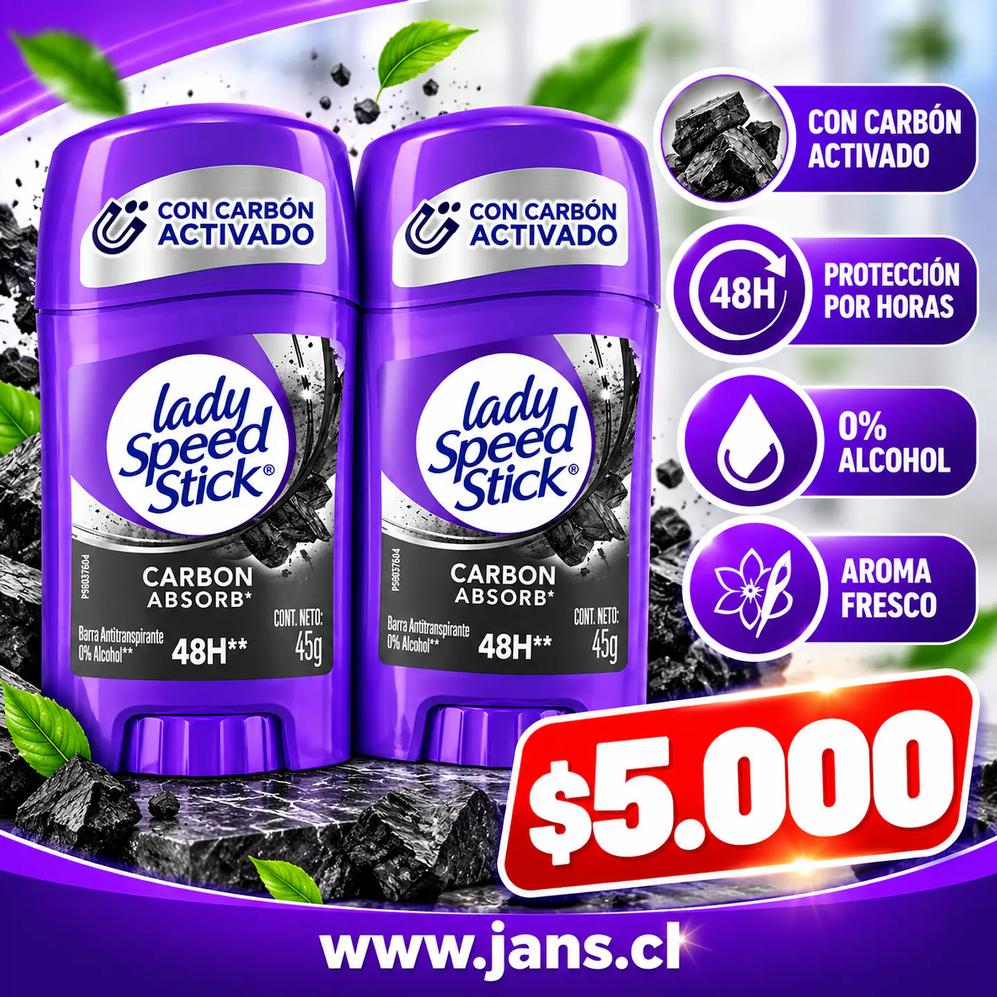 Antitranspirante Lady Speed Stick Carbon Absorb 48H 45g Pack 2u 1