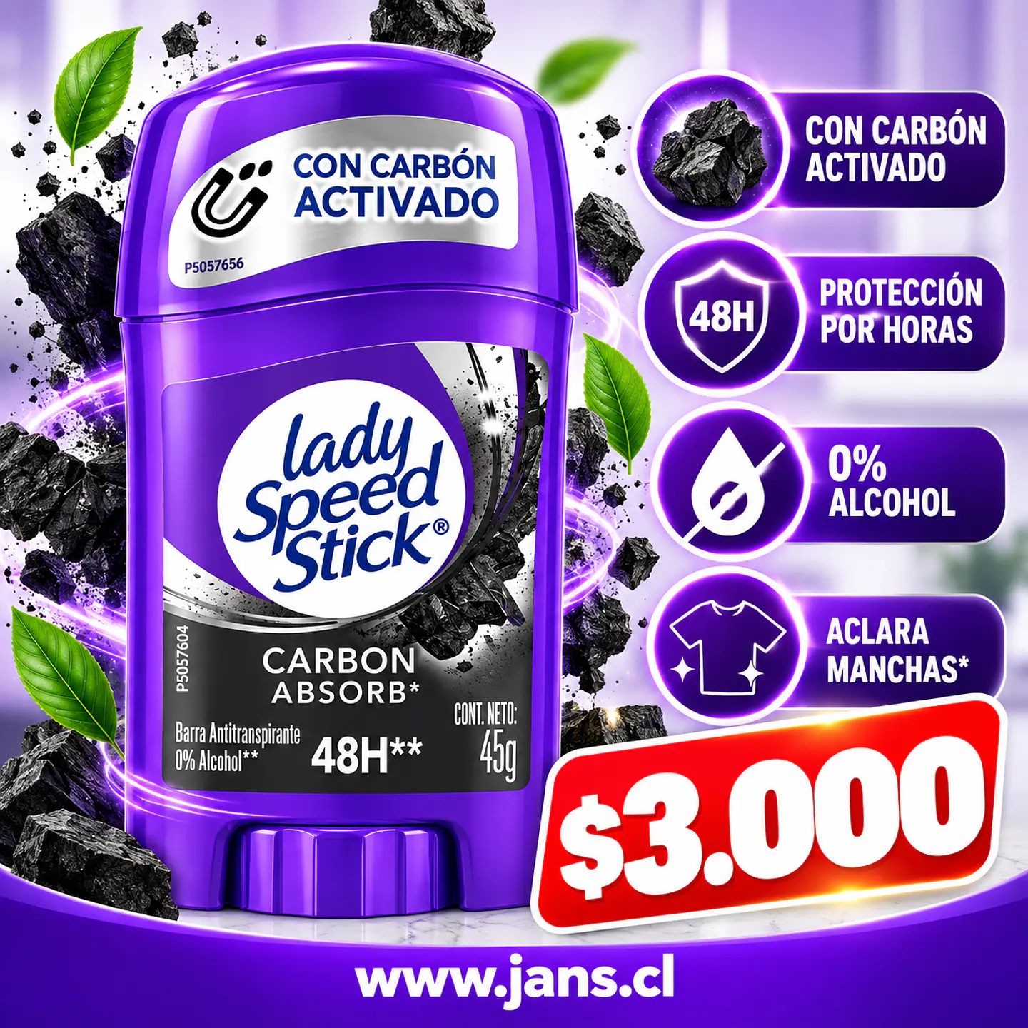 Antitranspirante Lady Speed Stick Carbon Absorb 48H 45g 1