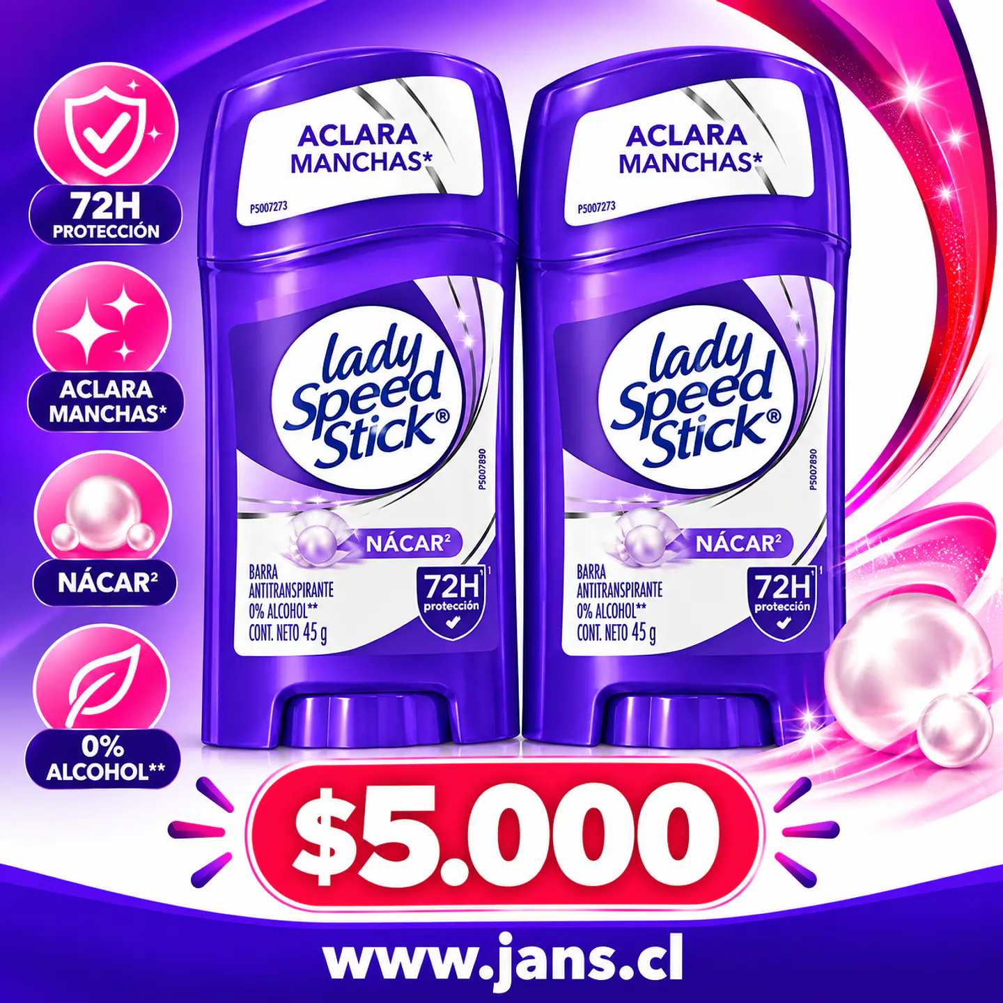Antitranspirante Lady Speed Stick Nacar 48H 45g Pack 2u 1
