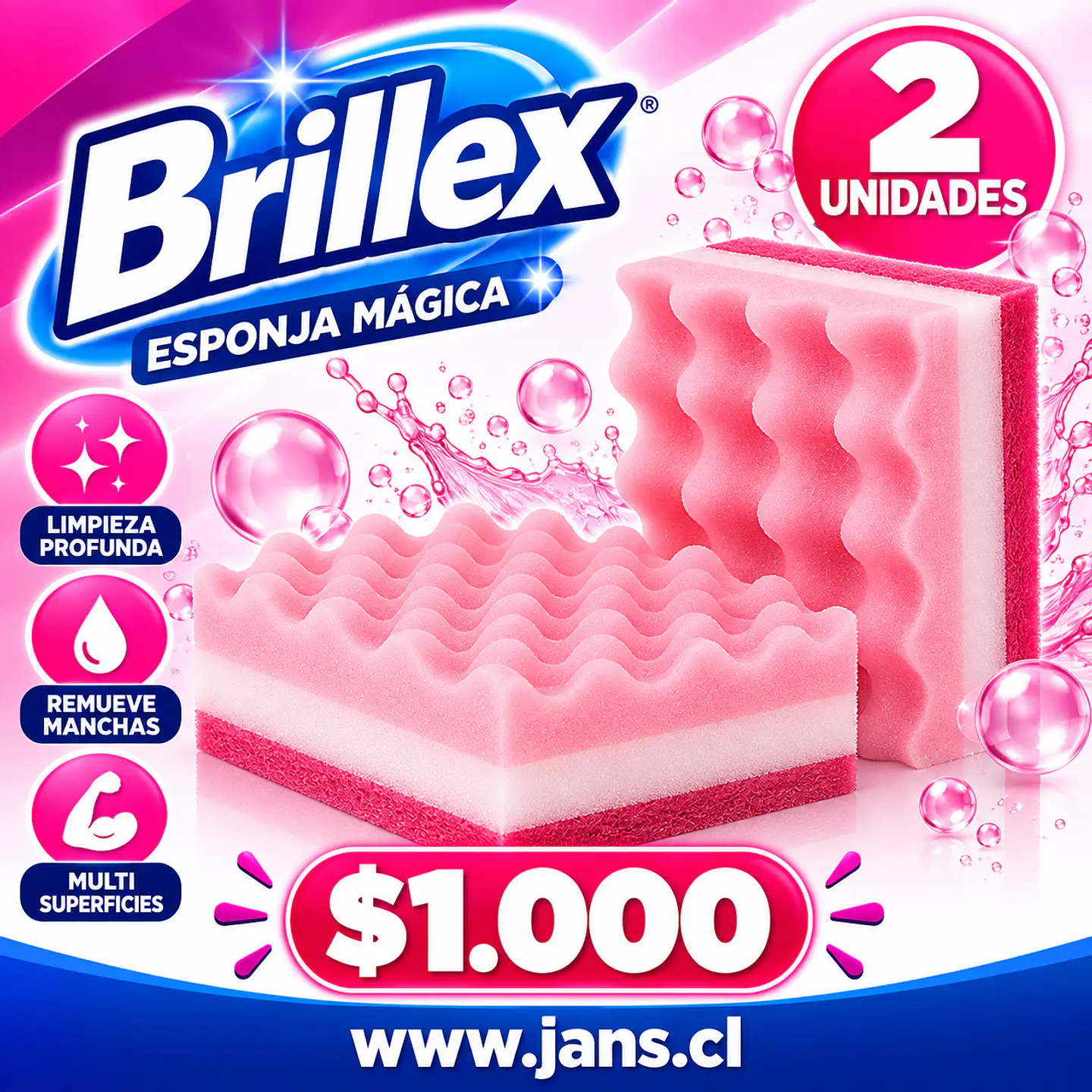 Pack X2 Esponjas Lavaloza Brillex Cocina Multiuso Rosa 1