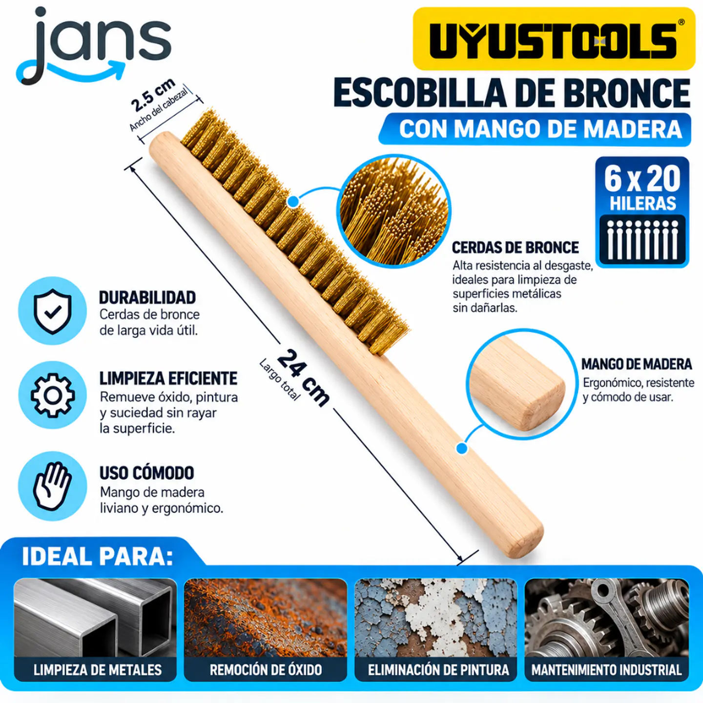 Escobilla Bronce Con Mango De Madera 6x20 Hileras Uyustools 1