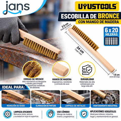 Escobilla Bronce Con Mango De Madera 6x20 Hileras Uyustools