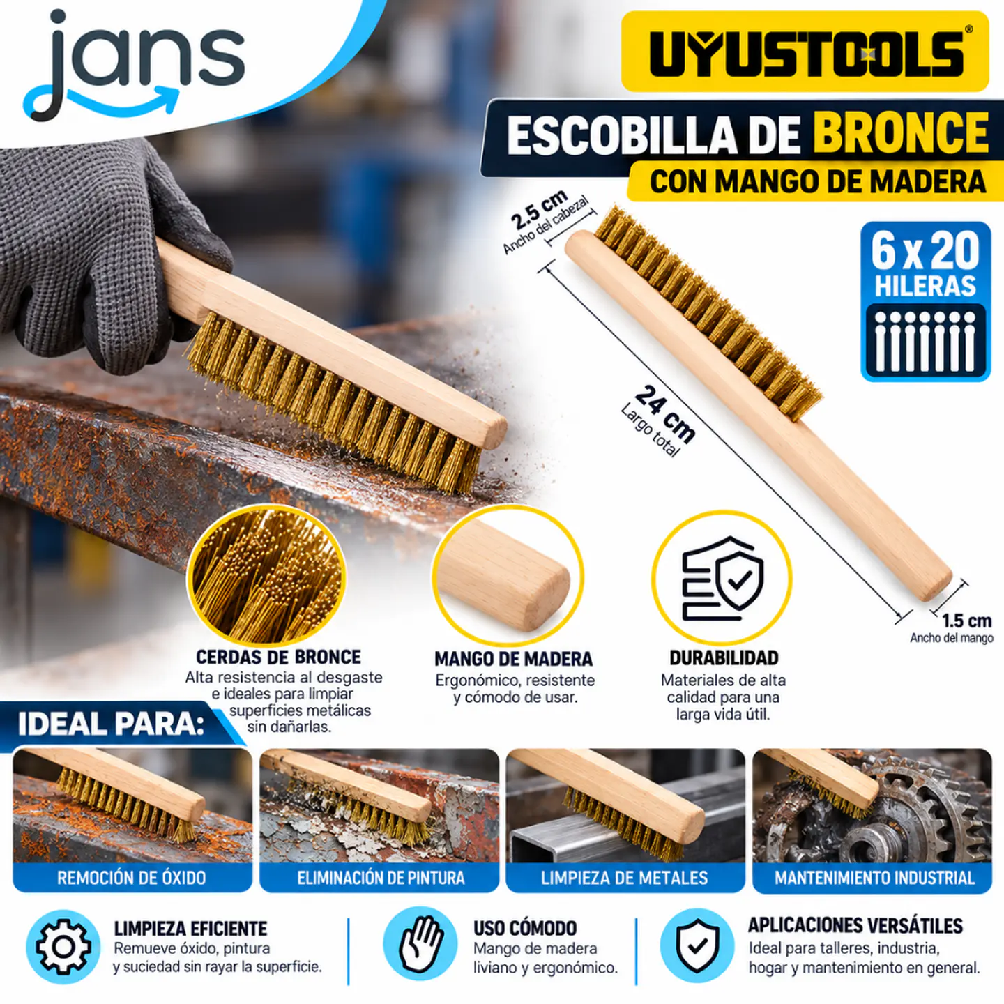 Escobilla Bronce Con Mango De Madera 6x20 Hileras Uyustools 2