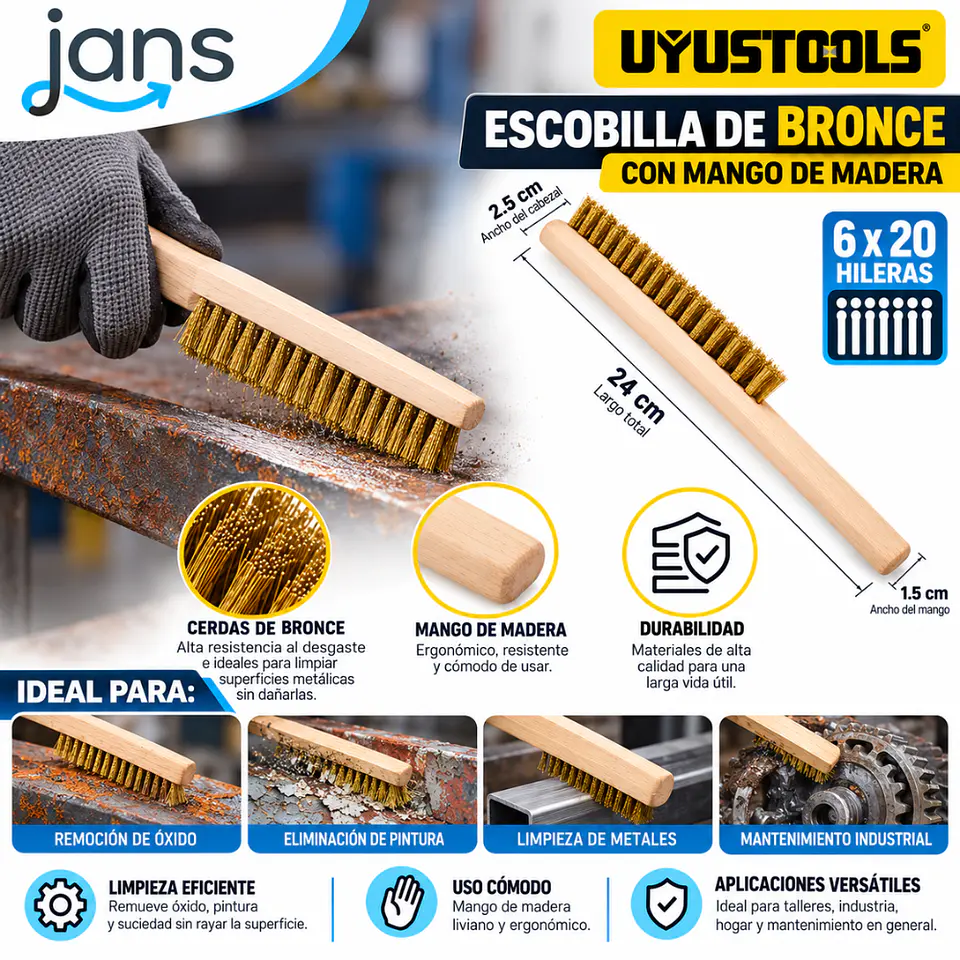Escobilla Bronce Con Mango De Madera 6x20 Hileras Uyustools 2