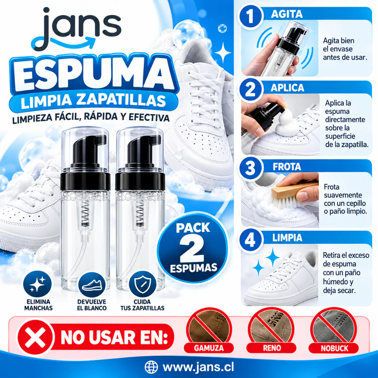 Pack 2 Limpiador En Espuma Para Zapatillas 150ml  1