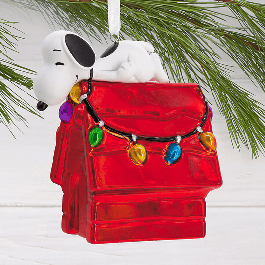 Hallmark Ornament I Peanuts® Snoopy on Holiday Doghouse Blown Glass