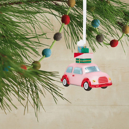 Hallmark Ornament I Signature Pink Car With Presents Blown Glass