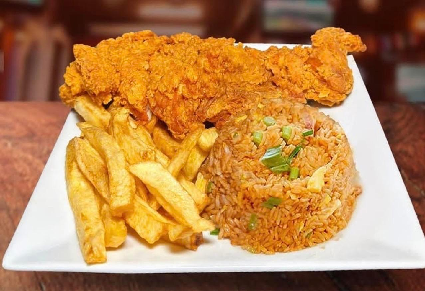🍗 Crispy Fried Chicken with Chaufa Rice, French Fries & Our Special Aji Sauce 1