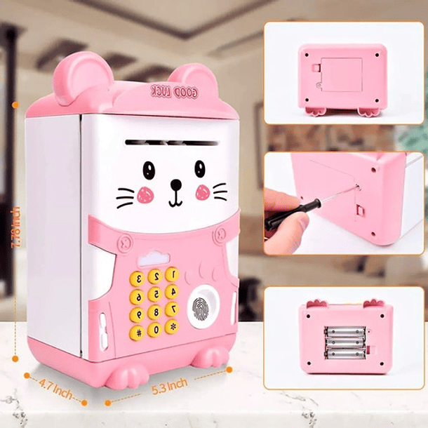 Alcancía Gato Ahorro Automática Contraseña Huella Y Sonido Color Rosa Animales 3