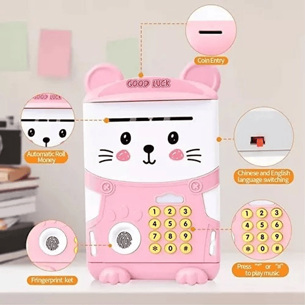 Alcancía Gato Ahorro Automática Contraseña Huella Y Sonido Color Rosa Animales 8
