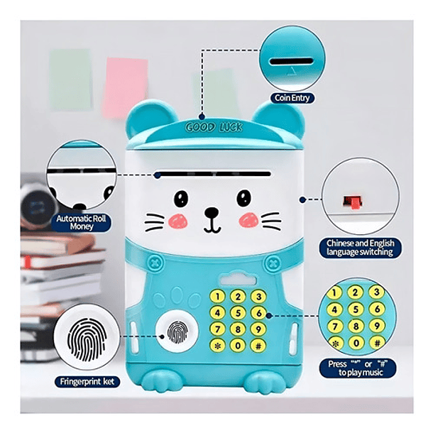 Alcancía Gato Ahorro Automática Contraseña Sonido Y Huella C Animales Gato Azul 2